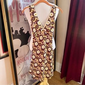 Peppermayo Brown, Tan, Yellow All Over Floral 70's Print V-Neck Front Dress Sz 0